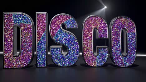 large, sparkling, glittering disco letters shining on a dark stage, illuminated by a bright spotlight, creating a mesmerizing and dazzling spectacle in a vibrant nightlife setting