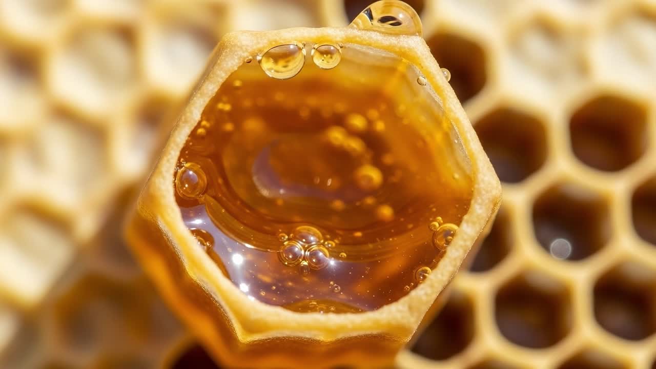 Close-Up of Honeycomb with Shimmering Honey, Capturing the Natural Beauty of Bees' Work, Highlighting the Intricate Structure and Golden Hue of Honey