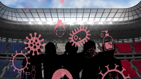 Covid-19-concept-icons-against-silhouette-of-fans-cheering-against-sports-stadium