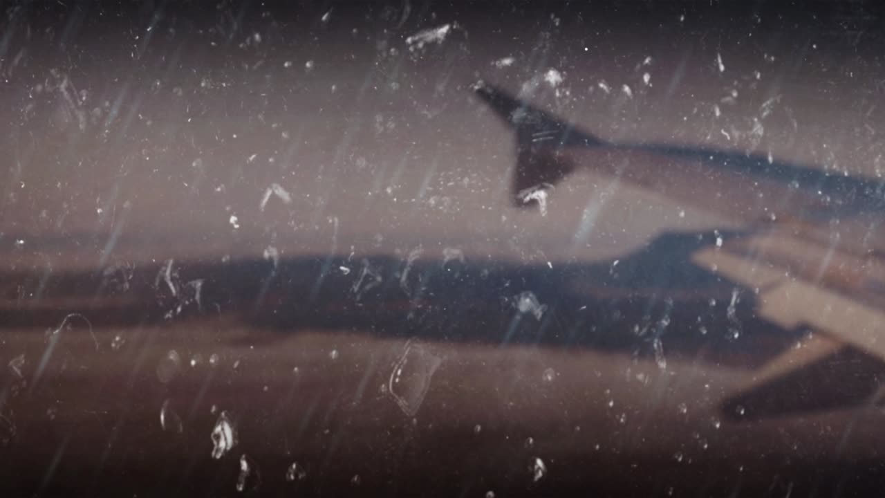 무결한 루프 배경 - 비행기의 창에 비방울, 물과 산 위를 날아가는 비행기, 유리 위로 흘러내리는 비방울