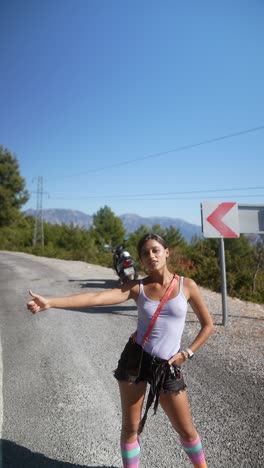 mujer haciendo autostop en un camino de montaña