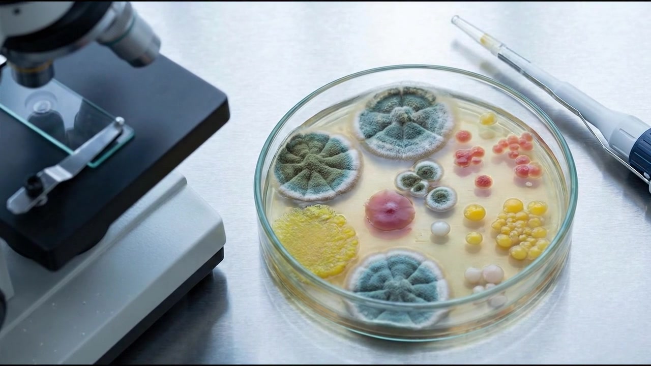 Scienziato che osserva colonie microbiche colorate all'interno di una capsula di Petri trasparente