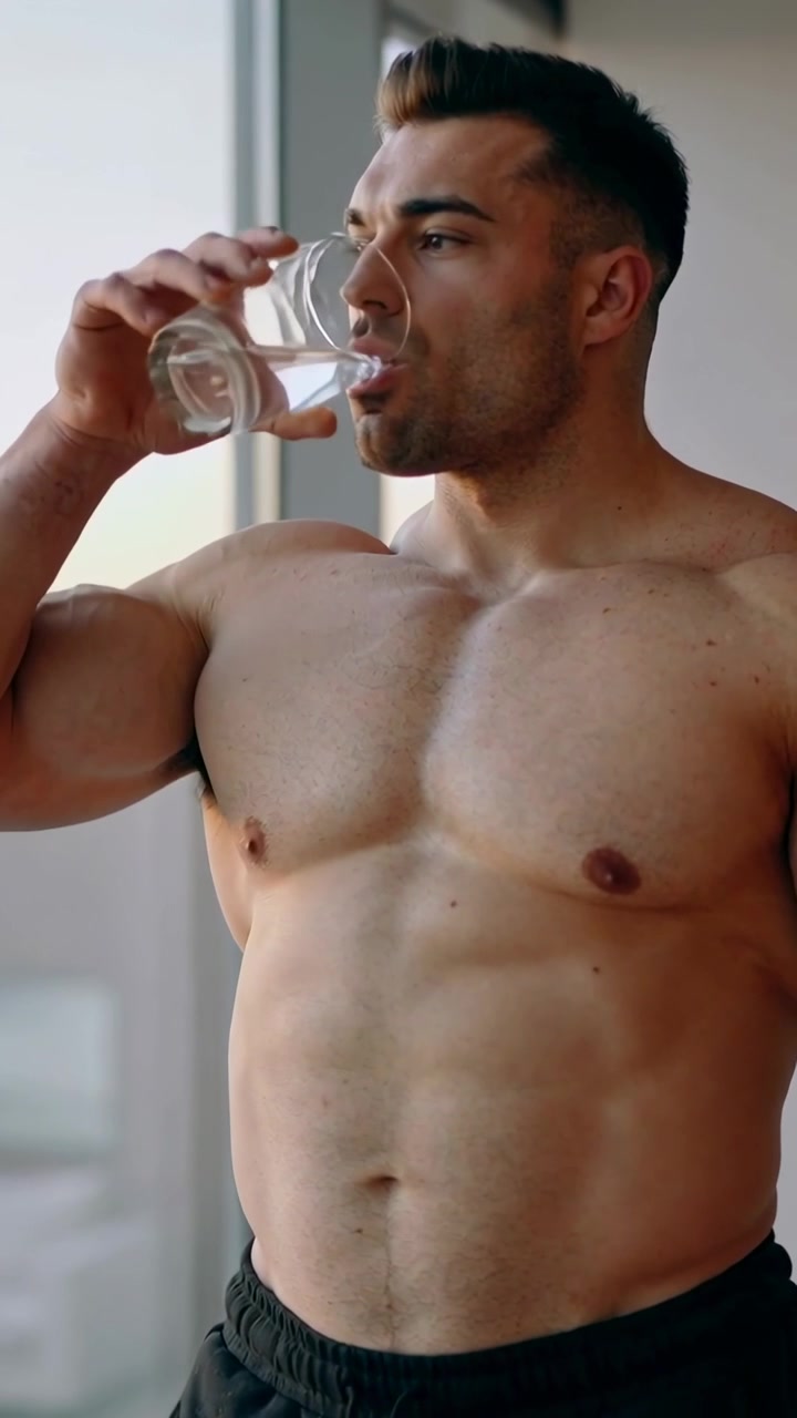 Video verticale: Uomo a torso nudo che alza un bicchiere, beve alla finestra in pantaloncini neri, idratandosi.
