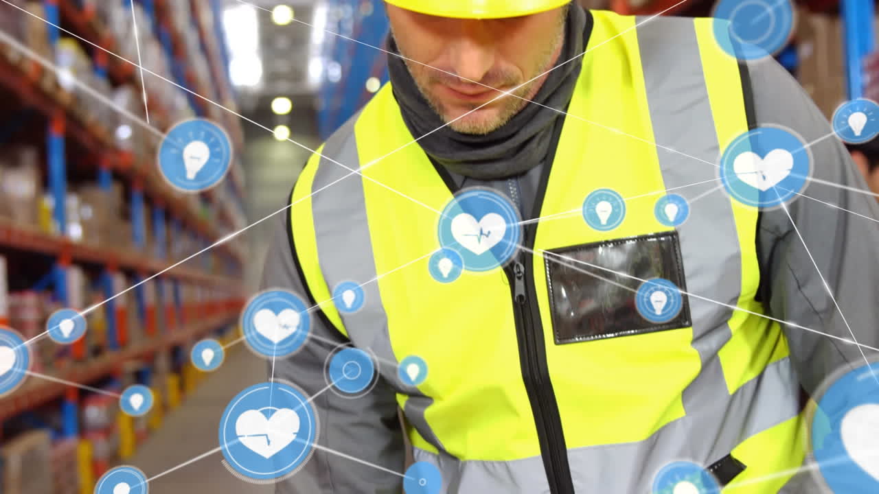 창고에서 일하는 사람에 대한 연결 네트워크의 애니메이션