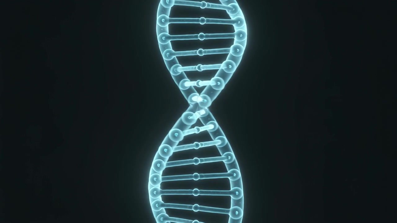 Elica di DNA ciano rotante in riproduzione, che rivela la struttura portante, nodi pulsanti per uno studio molecolare nello spazio 3D.
