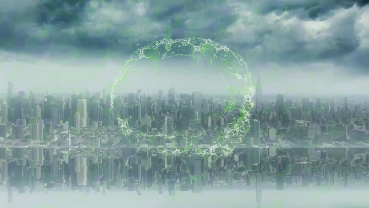 현대 도시 풍경 위에서 회전하는 디지털 뇌의 애니메이션