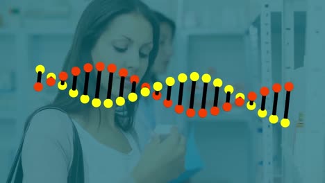animación de adn sobre una mujer caucásica buscando medicina en una farmacia