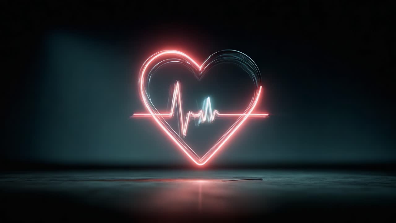 A Stunning Visual Representation of a Heartbeat: Neon Lights Forming an Elegant Heart Shape with Pulsating Wave Patterns Denoting Life and Vitality