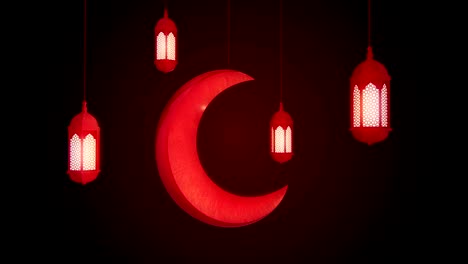 glowing celebration lantern and moon hanging from ceiling on dark background. ramadan kareem islamic motion background. 3d loopable animation.