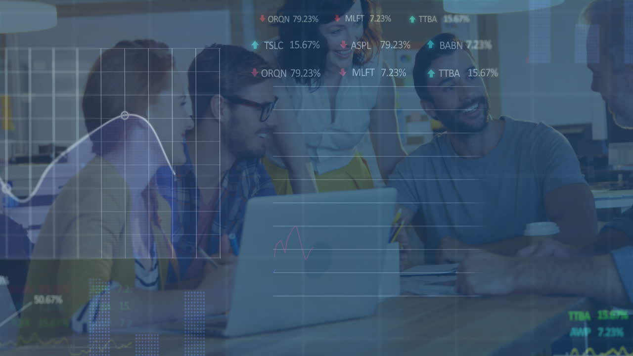 Animation of stock market data processing over diverse colleagues discussing together at office