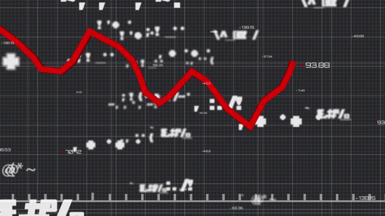 Animazione di un grafico, simboli e numeri che cambiano su un motivo a griglia, su uno sfondo grigio.
