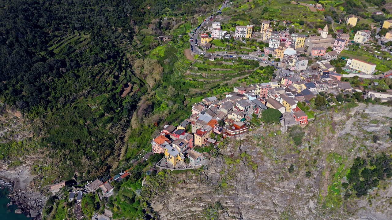 Corniglia in cinque terre, italy, showing the village and coastline, aerial view