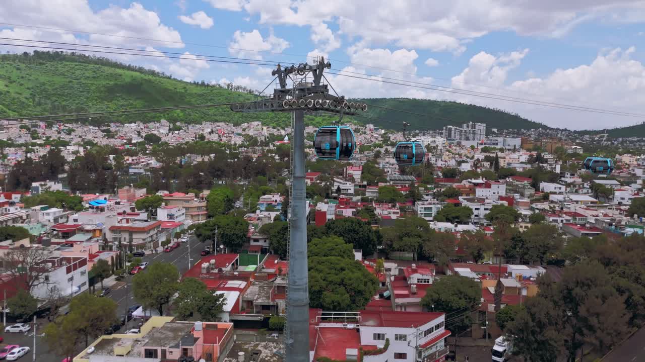 Mexico city with a cable car system passing over rooftops, aerial view