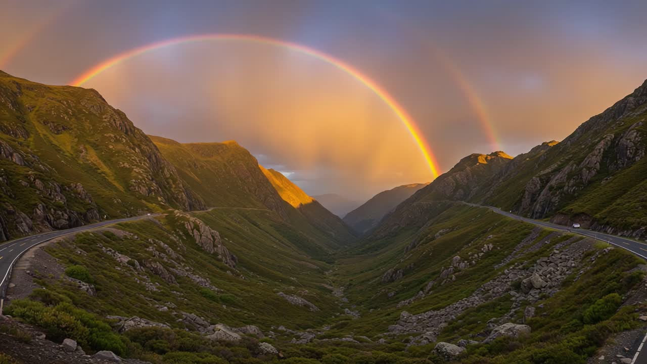 A breathtaking view of a majestic valley illuminated by a vibrant double rainbow against the backdrop of dramatic mountains at sunset, showcasing nature's beauty and glory