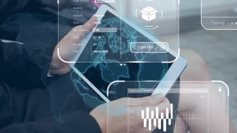 animación de datos en las pantallas sobre empresario caucásico con tableta