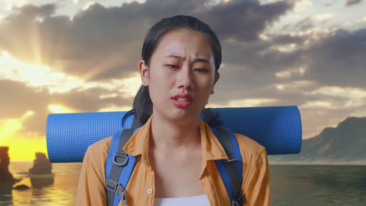 Cận cảnh nữ du khách người châu Á đeo ba lô leo núi lắc đầu và tỏ vẻ không hài lòng khi đứng trên bãi biển lúc hoàng hôn