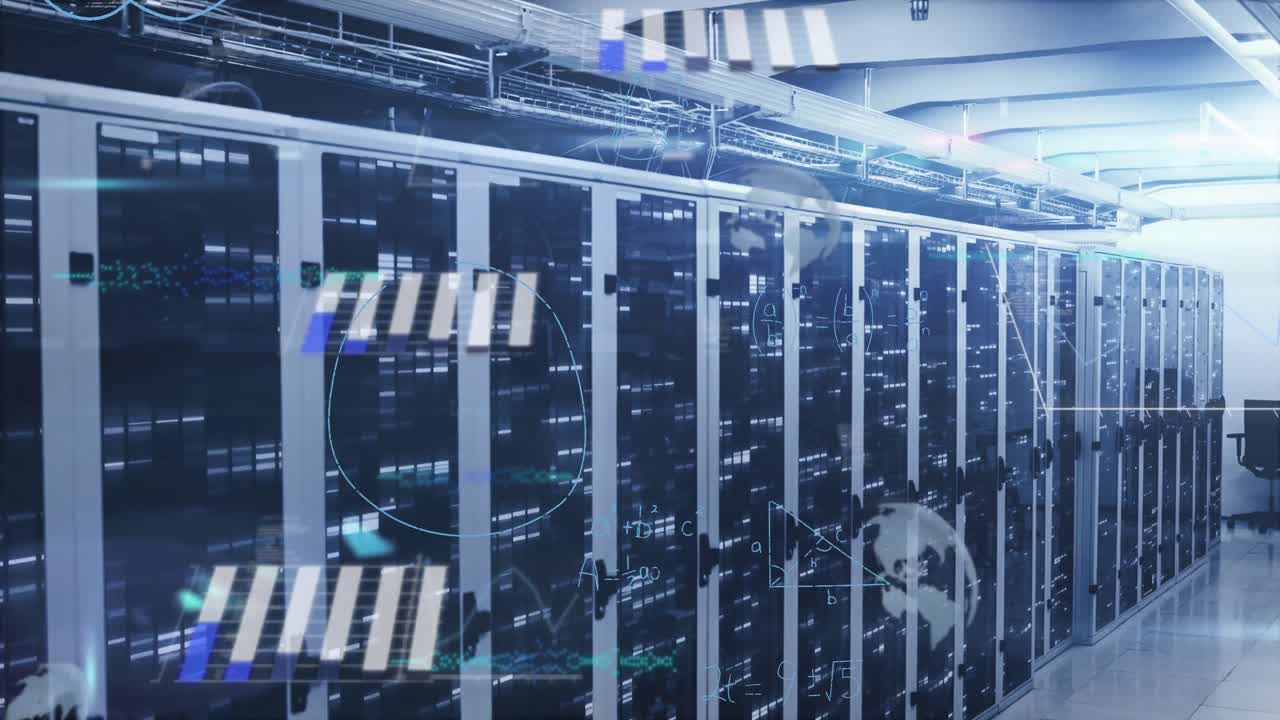 Animation of mathematical equations and data processing against empty computer server room
