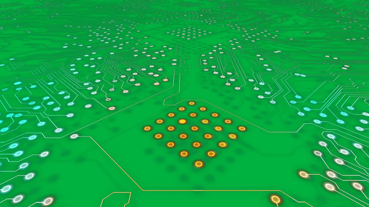 Animation of orange and green computer circuit with light trails moving on transparent background