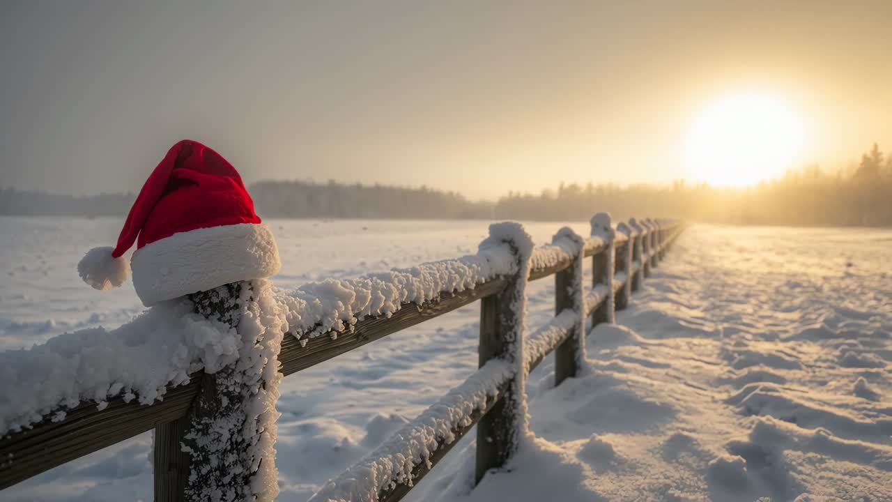 Shifting camera bringing snow-covered fence post with red Santa hat closer, emphasizing sun glow