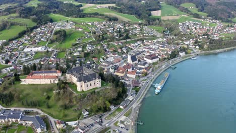 Beautiful-drone-shot-of-the-village-"Grein"-in-austria