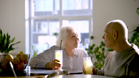 pareja mayor bebiendo limonada y hablando mientras están sentados en un bar al atardecer