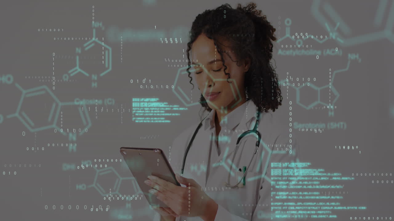 Animation of scientific data over biracial female doctor