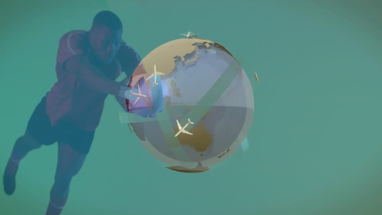 Globe with airplanes animation over person holding ball in sports setting