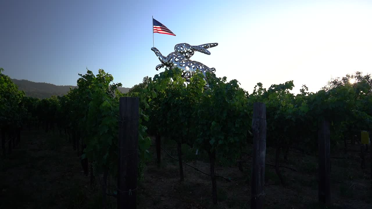tiro estático de la bandera americana que sopla en el aire con el conejito de acero foo foo en el valle de napa