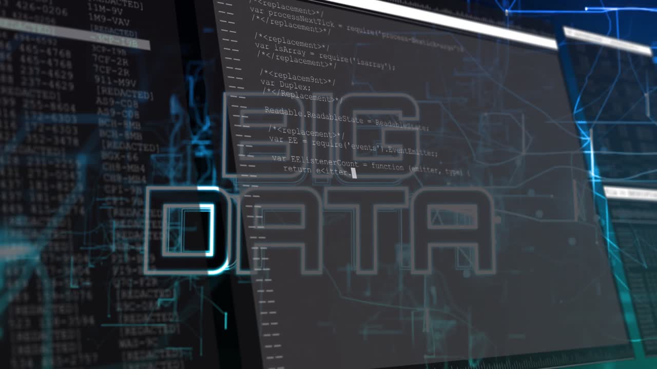 cyan grid drifting causing transparent panel flipping code scrolling while BIG DATA text appearing