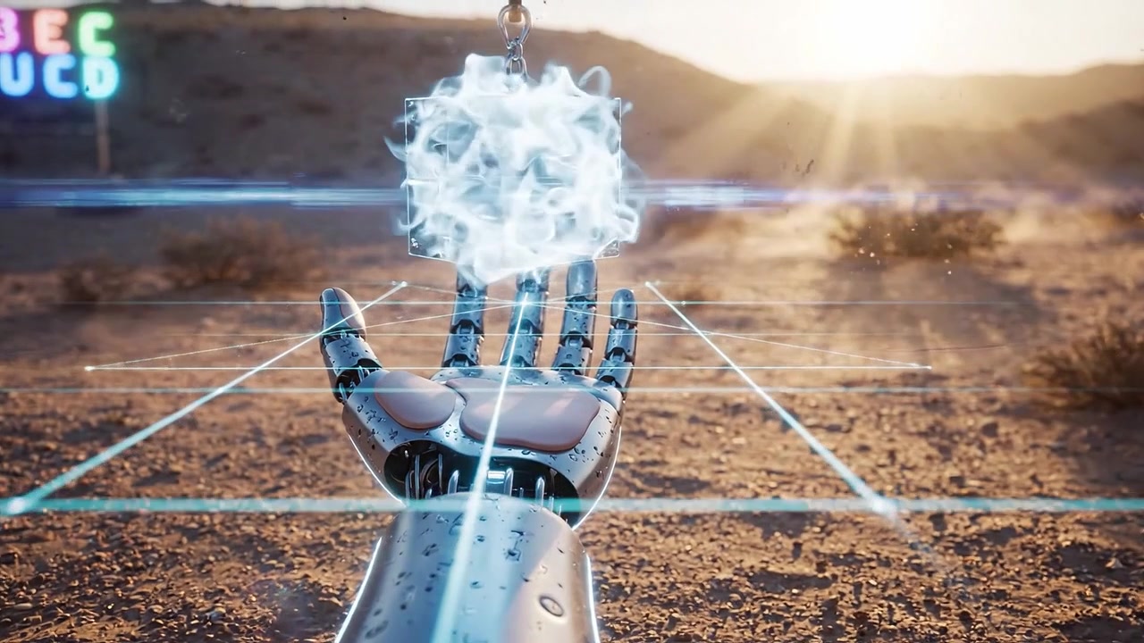A futuristic robotic hand holds a glowing ice cube, reflecting advanced technology amidst a desert landscape, symbolizing innovation and modernity at sunset.