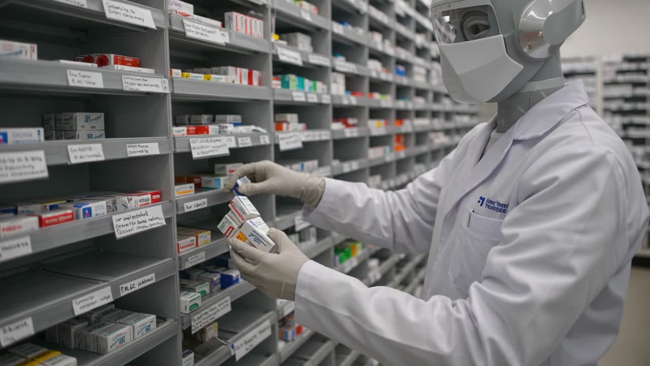 A robotic assistant in a pharmacy organizes medication, highlighting the integration of technology in pharmaceutical settings for efficient inventory management and patient safety