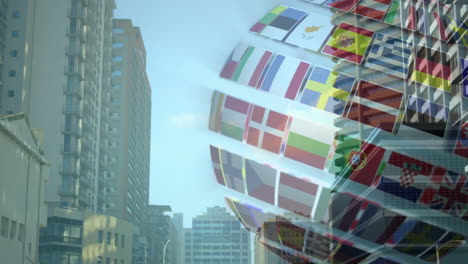 flags of various countries animation over cityscape with tall buildings