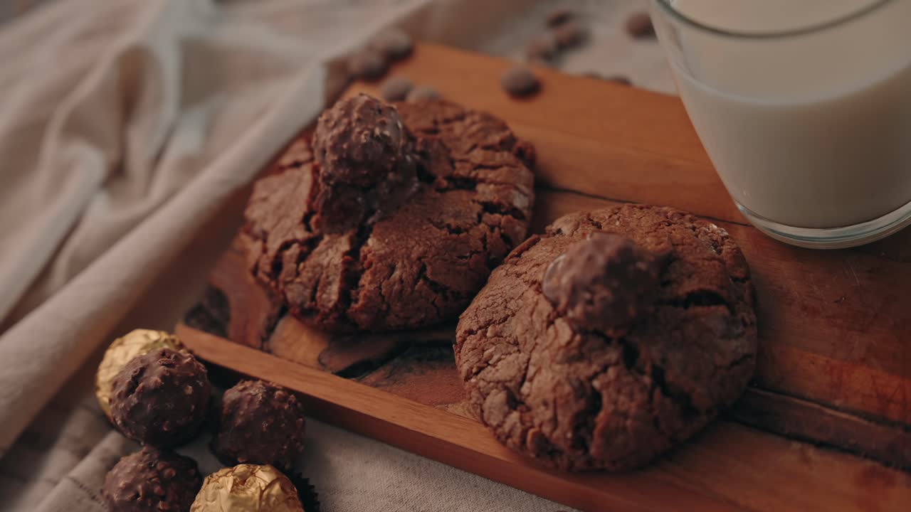 Biscotti al cioccolato guarniti con caramelle serviti con latte su un tagliere di legno