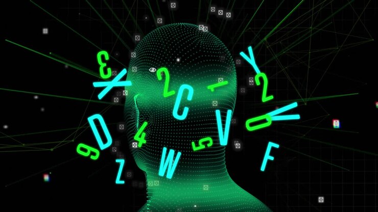 Numeri e lettere che cambiano continuamente che fluttuano su modello di testa umana al neon che ruota