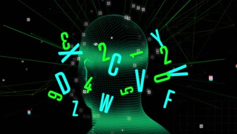 multiple changing numbers and alphabets floating against neon human head model spinning