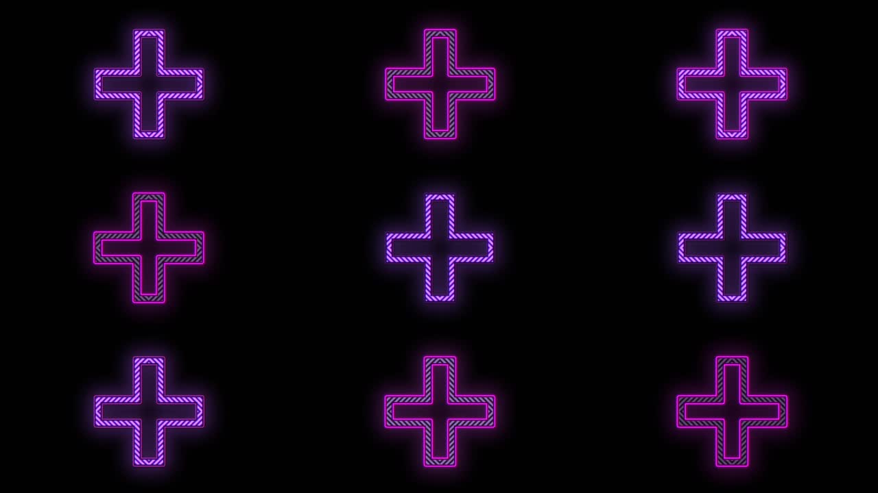 patrón de signo más de neón púrpura pulsante en filas