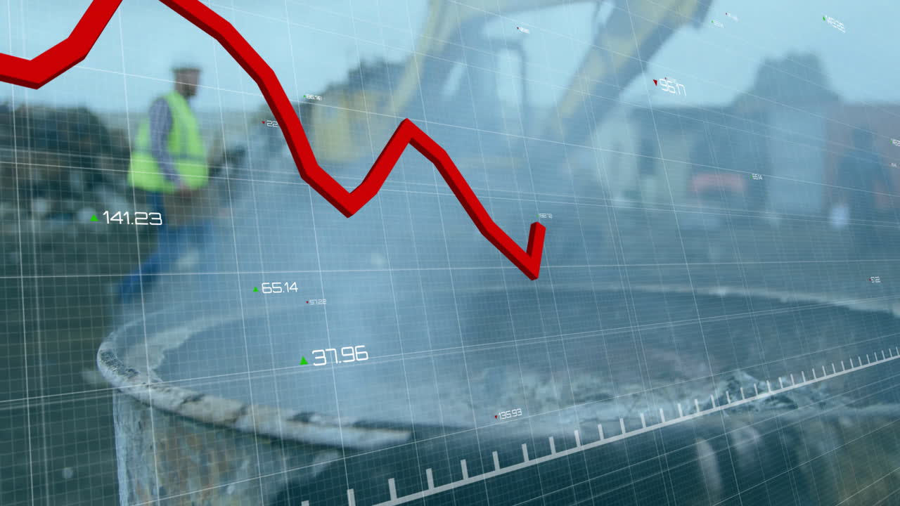 Red financial graph animation over construction site with workers and machinery