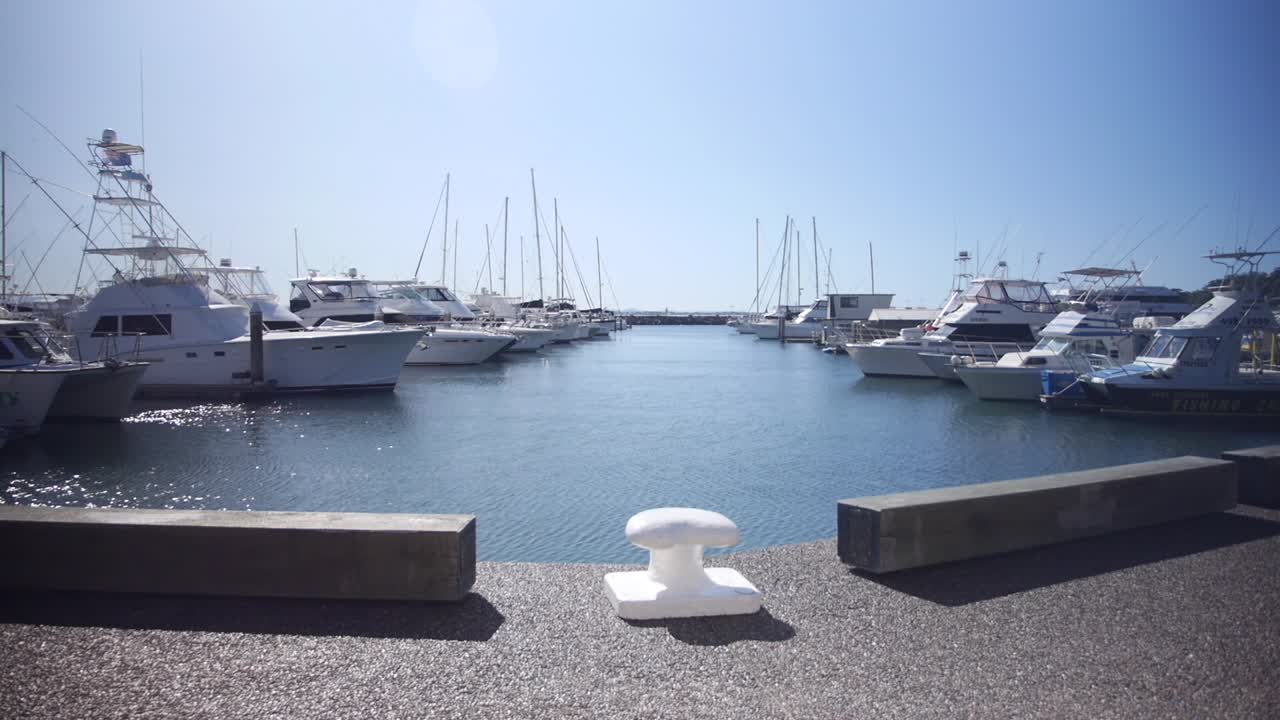Speedboats moored at marina on blue sky