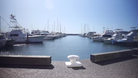 speedboats moored at marina on blue sky