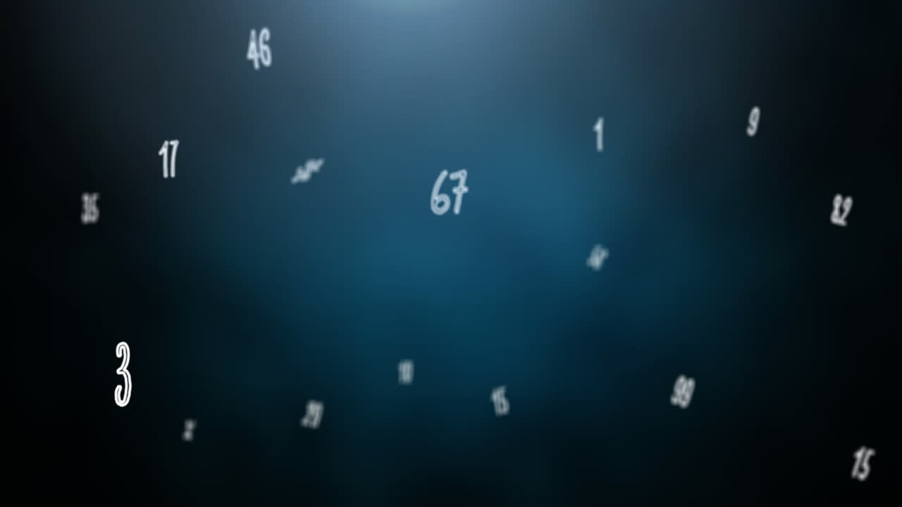 Digital animation of multiple numbers and symbols floating against blue background