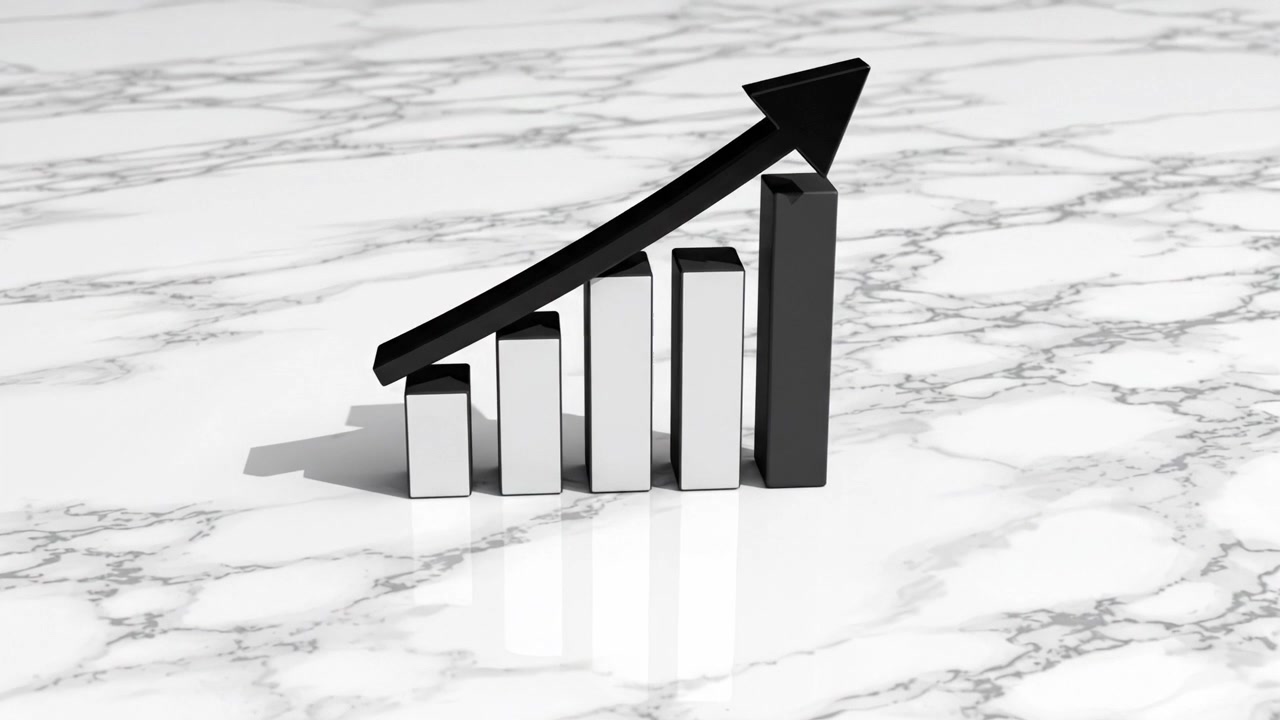 Dynamic Growth Representation: A Minimalist Black and White Graph Progression with Arrow on Marble Surface Symbolizing Increase and Success