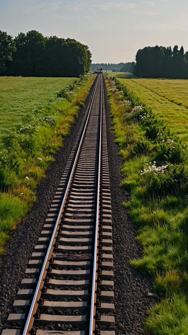 Aerial view of a railway track stretching into the horizon through lush fields, ideal for a travel