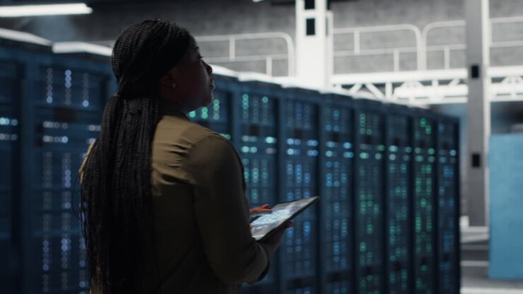 Developer doing data center automation using AI neural networks on tablet
