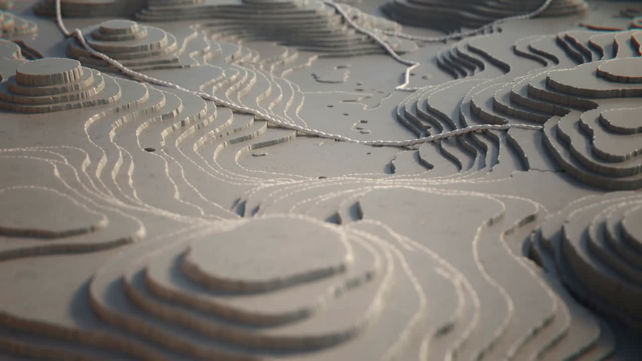 Camera pulling back tilting, contour model showing terraces, cord, cutouts, lights showing relief