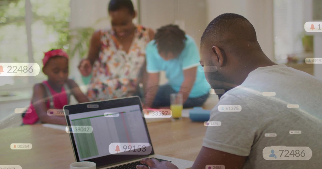 Man working laptop, business overlays rising then fading, shifting focus to mother helping kids
