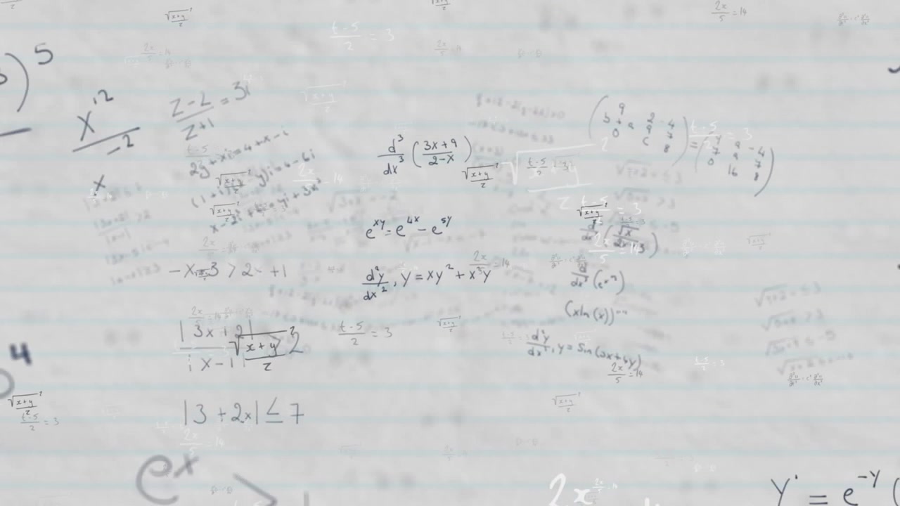 Animazione di equazioni e formule matematiche che fluttuano su sfondo di carta a righe bianche