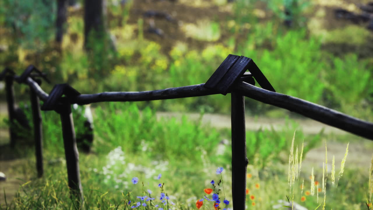 Rustic wooden fence in a lush green landscape with colorful flowers