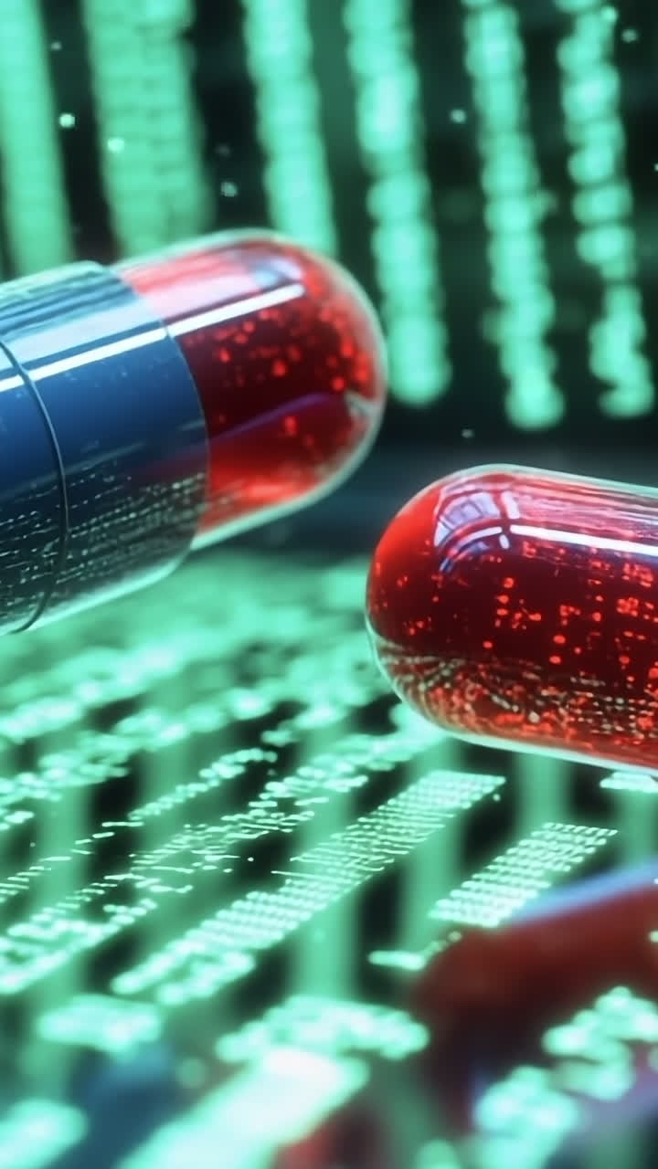 Capsule code visualization. Red and blue capsules float above a green digital matrix, symbolizing technology in healthcare and pharmaceuticals.