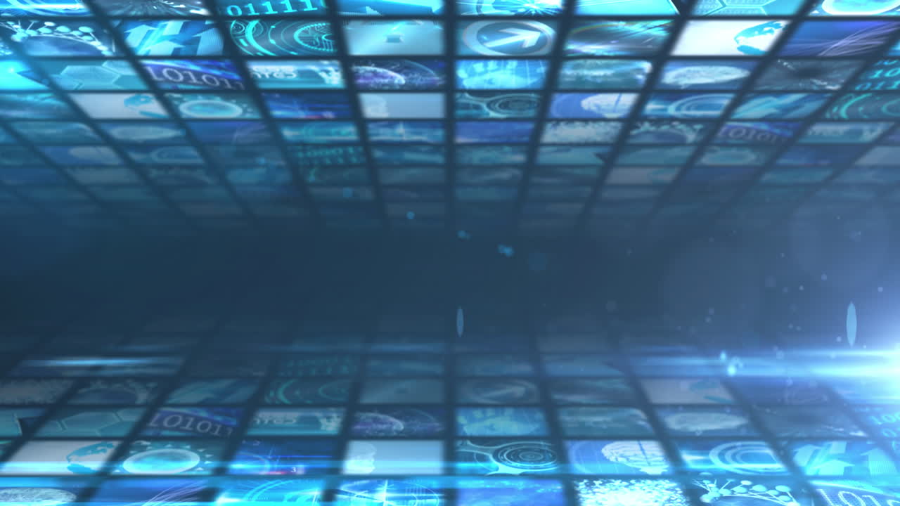 Animation of rows of screens with data processing over blue background