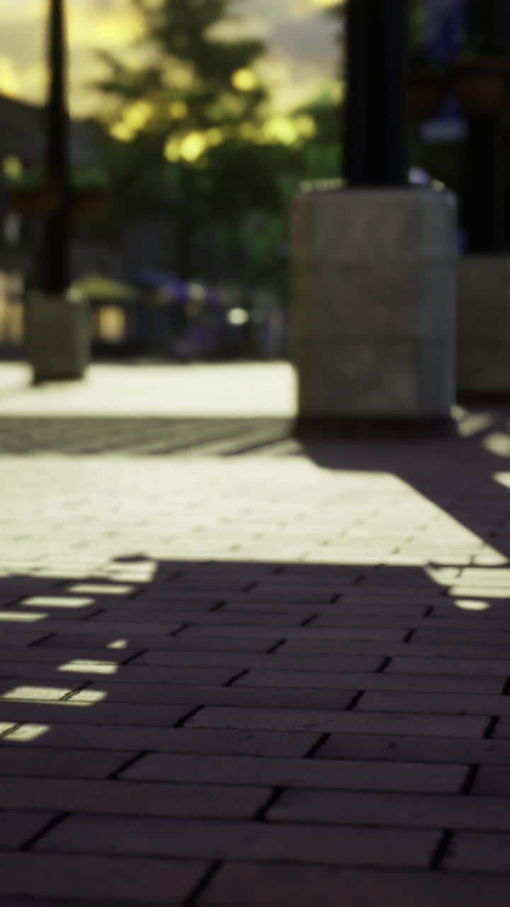 Sunset casts shadows on urban sidewalk creating a serene atmosphere